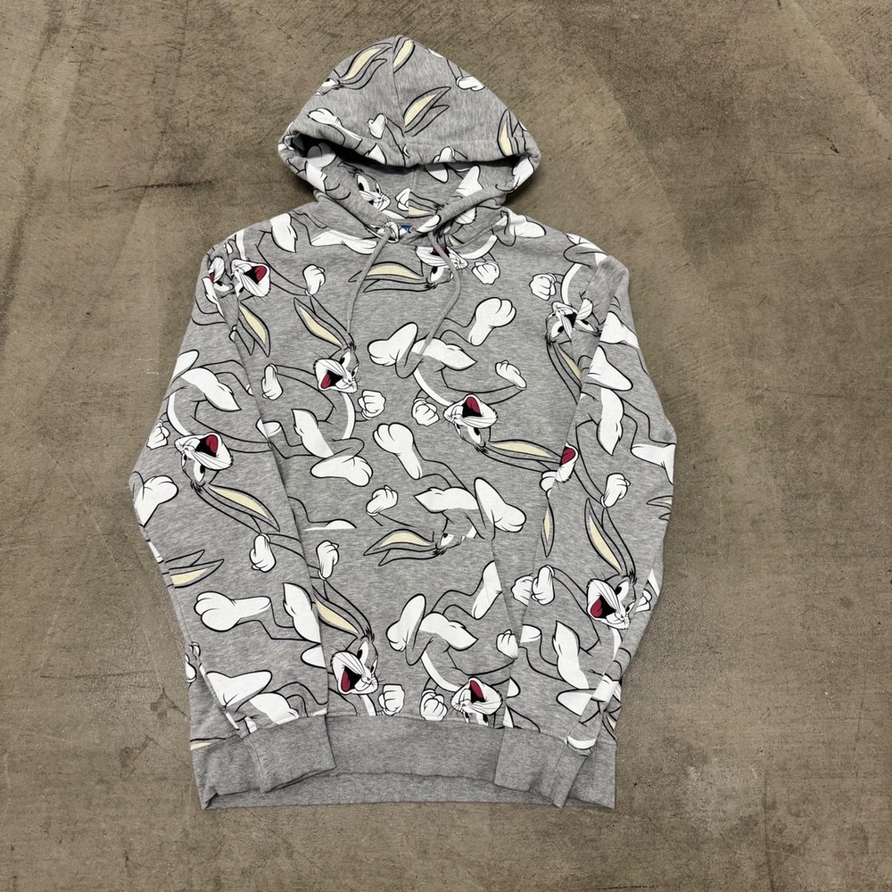 H&M Divided Looney Tunes Bugs Bunny All Over Print Gray Hoodie Mens Medium - Picture 2 of 4
